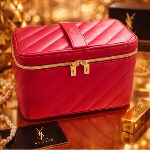 NIB Yves Saint Laurent Beaute (YSL) Quilted Red Vanity Case with Gold Hardware